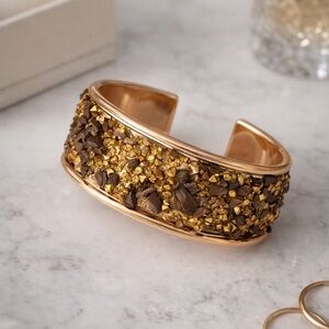 Gold Cuff Bracelet Chunky Textured Stone Statement Wide Bangle